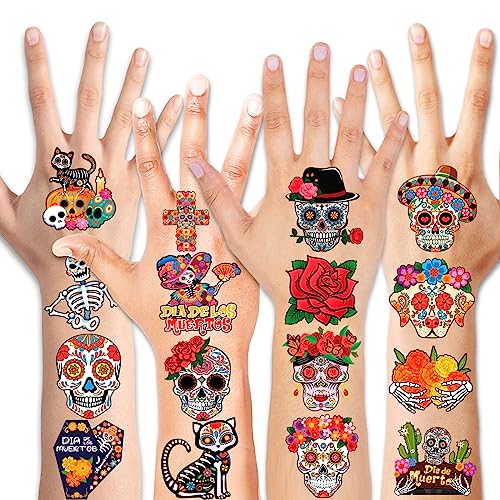 Day of the Dead Temporary Tattoos, 96pcs Sugar Skull Face Stickers