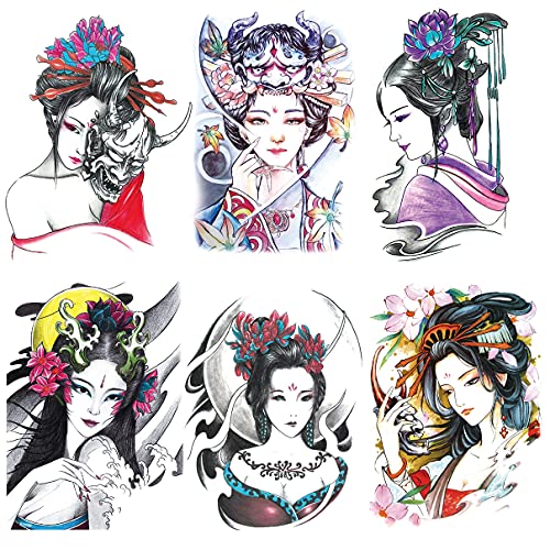 6 Sheet Japanese Geisha Temporary Tattoos Waterproof