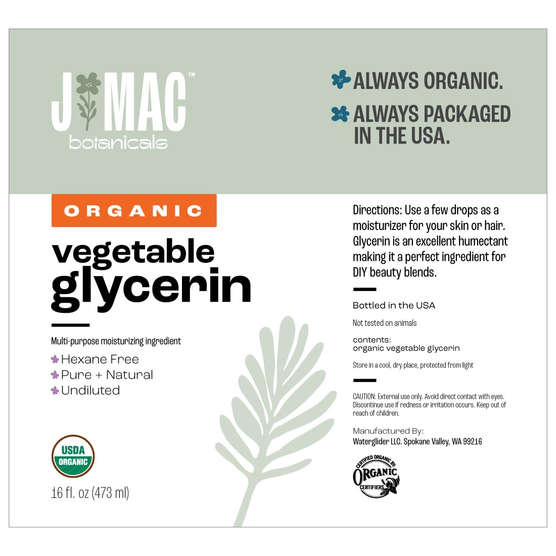 J MAC BOTANICALS Organic Vegetable Glycerin 16 oz - TWO PACK (32 oz total)