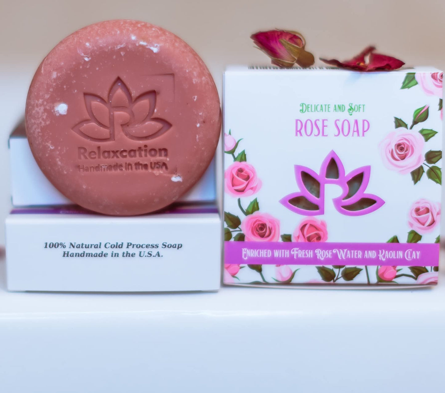 ROSE Natural Cold Process Soap with Fresh Rose Water, Kaolin Clay, Rose Petals, Moisturizing Coconut Oil - Gentle pink soap for sensitive skin - Perfect for face and body (Round Rose Soap)