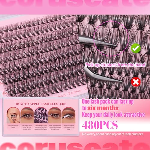 Lash Clusters Wispy 480pcs Eyelash Clusters 30D 40DCluster Eyelash Extensions 9-16mm Individual Lashes Natural False Eyelashes Cluster Lashes Extension DIY at Home by CORUSCATE