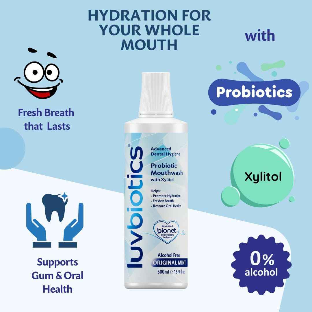 Luv Biotics Mouthwash with Oral Probiotics, Xylitol & Aloe Vera - 3 x 500ml