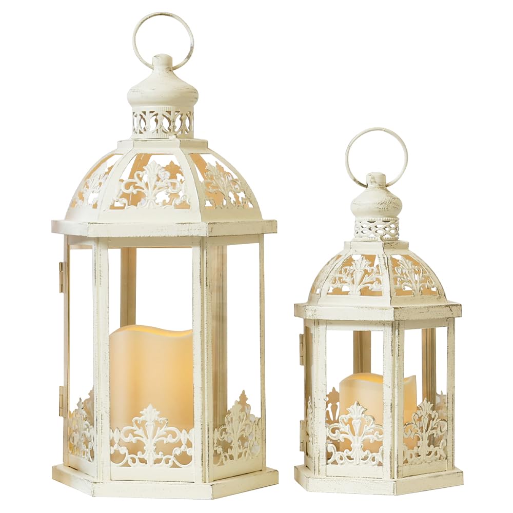 Lanterns Decorative Outdoor&Indoor, Set of 2 (15"&11") Beige Metal Lantern Decor with Glass, Candle Holder for Porch, Patio, Garden, Fall, Wedding, Christmas, Table Centerpiece