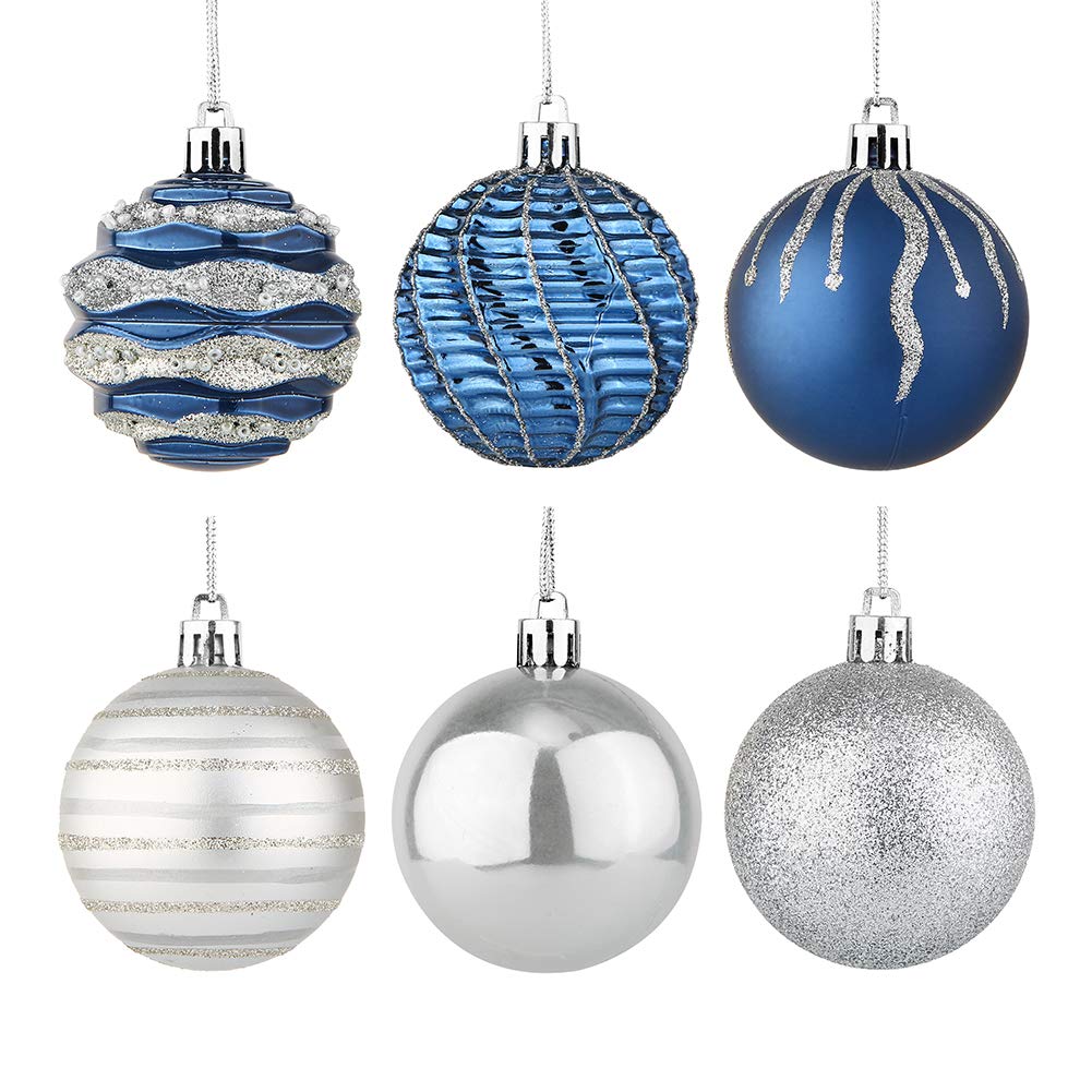 Sattiyrch Christmas Ball Ornaments 30ct, 60mm/2.36" Blue and Silver Shatterproof Plastic Decorative Xmas Balls Ornaments Set (Blue and Silver)