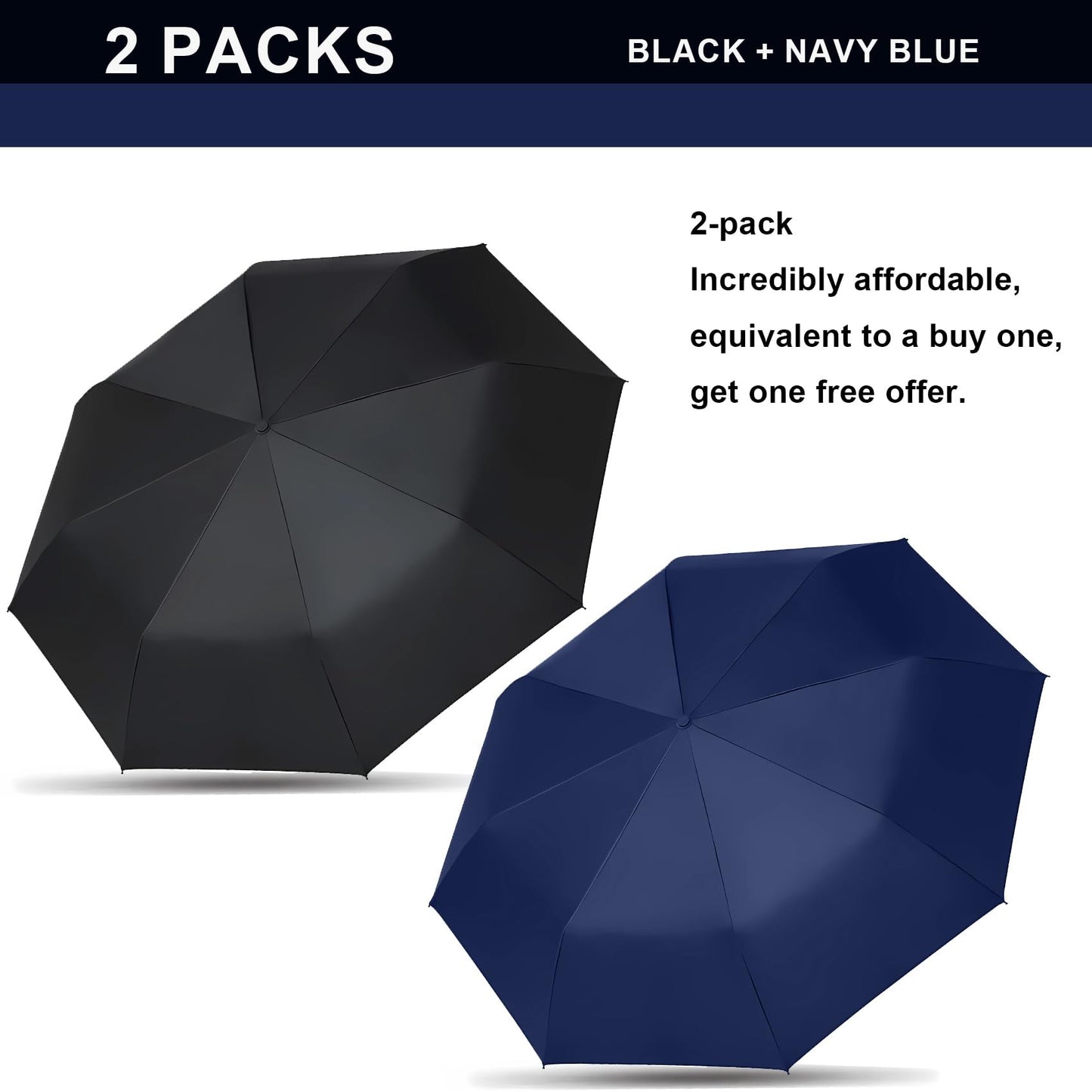 SIEPASA Two PackThe Original Portable Travel Umbrella - Umbrellas for Rain Windproof, Strong Compact Umbrella for Wind and Rain, Perfect Car Umbrella, Golf Umbrella, Backpack, and On-the-Go.(Black &