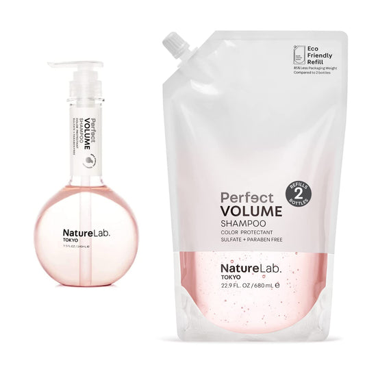 NatureLab Tokyo Perfect Volume Shampoo + Eco-Friendly Refill Pouch Bundle: Hair Volumizer, Build Lift, and Body to Flat, Fine, or Limp Hair I Shampoo 11.5 FL OZ | Refill 22.9 FL OZ