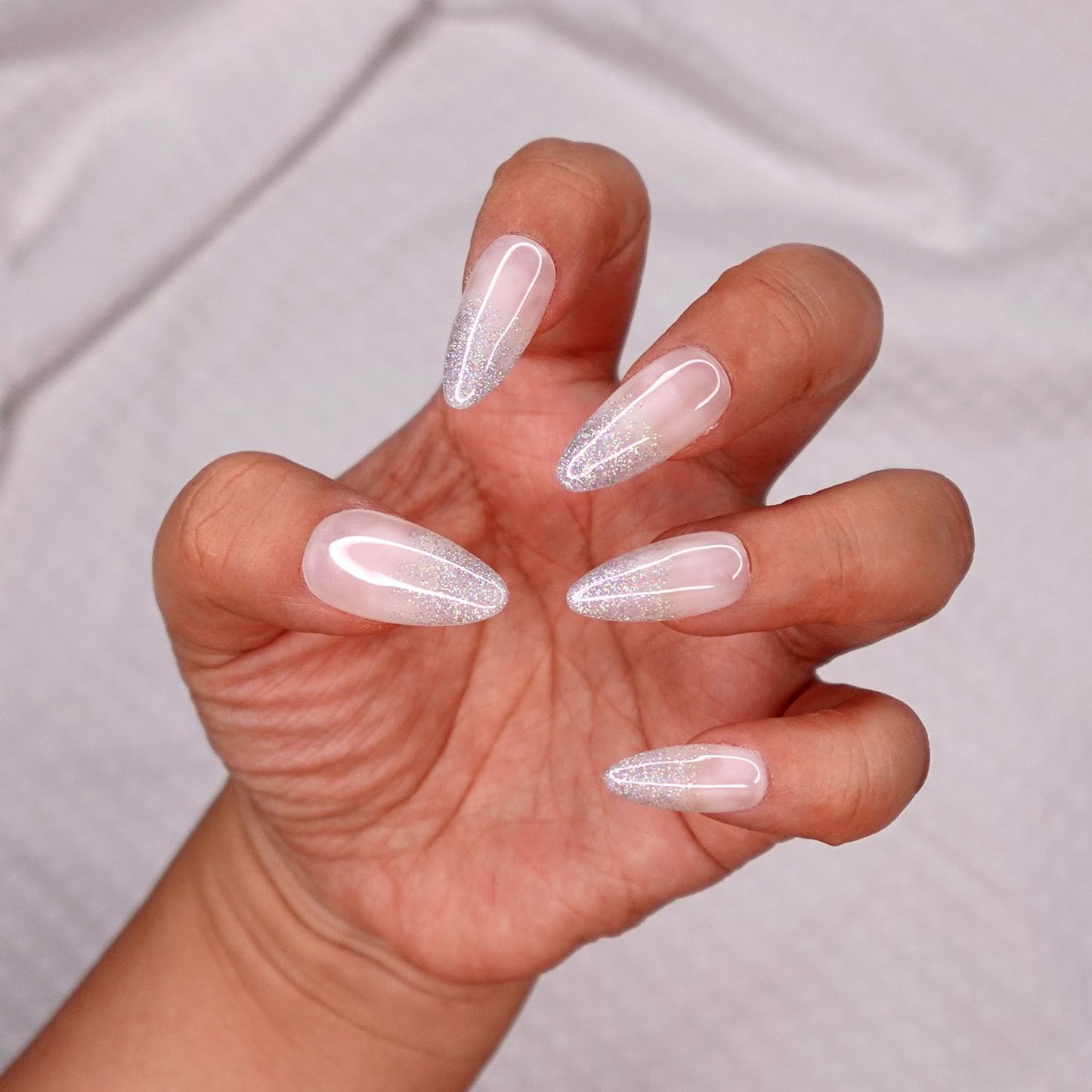 10 Pcs Handmade Press on Nails (Small, Holo Egg White - Jelly White with Holographic French Ombre Baby Boomer Tips/Almond) A110S