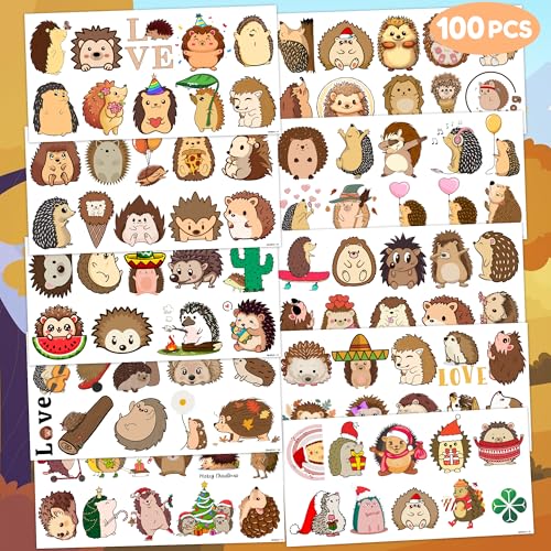 Hedgehog Temporary Tattoos - 10 Sheets, 100 PCS Party Favors