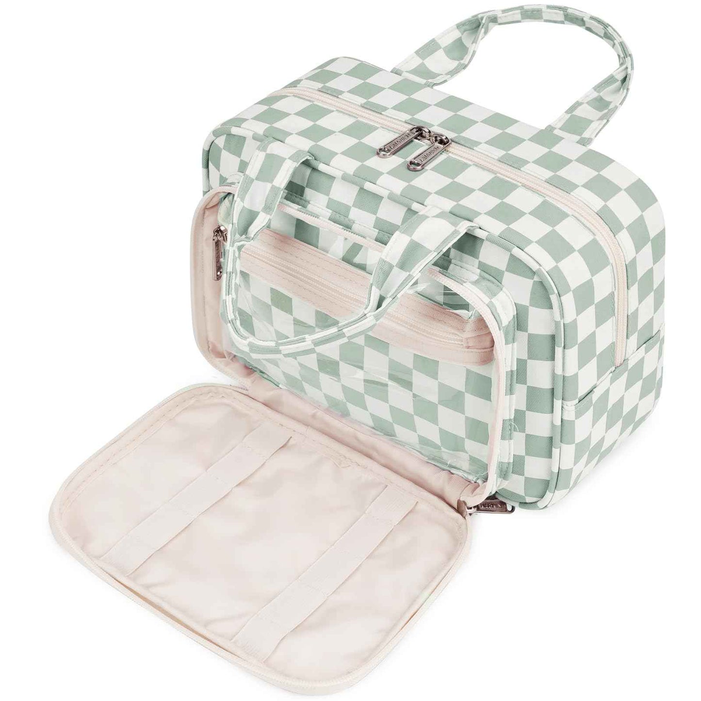 Narwey Large Travel Toiletry Bag for Traveling Women, Cosmetic Makeup Bag Make Up Organizer, Checkered Travel Bag for Toiletries with Handle (Mint Green Checkerboard)