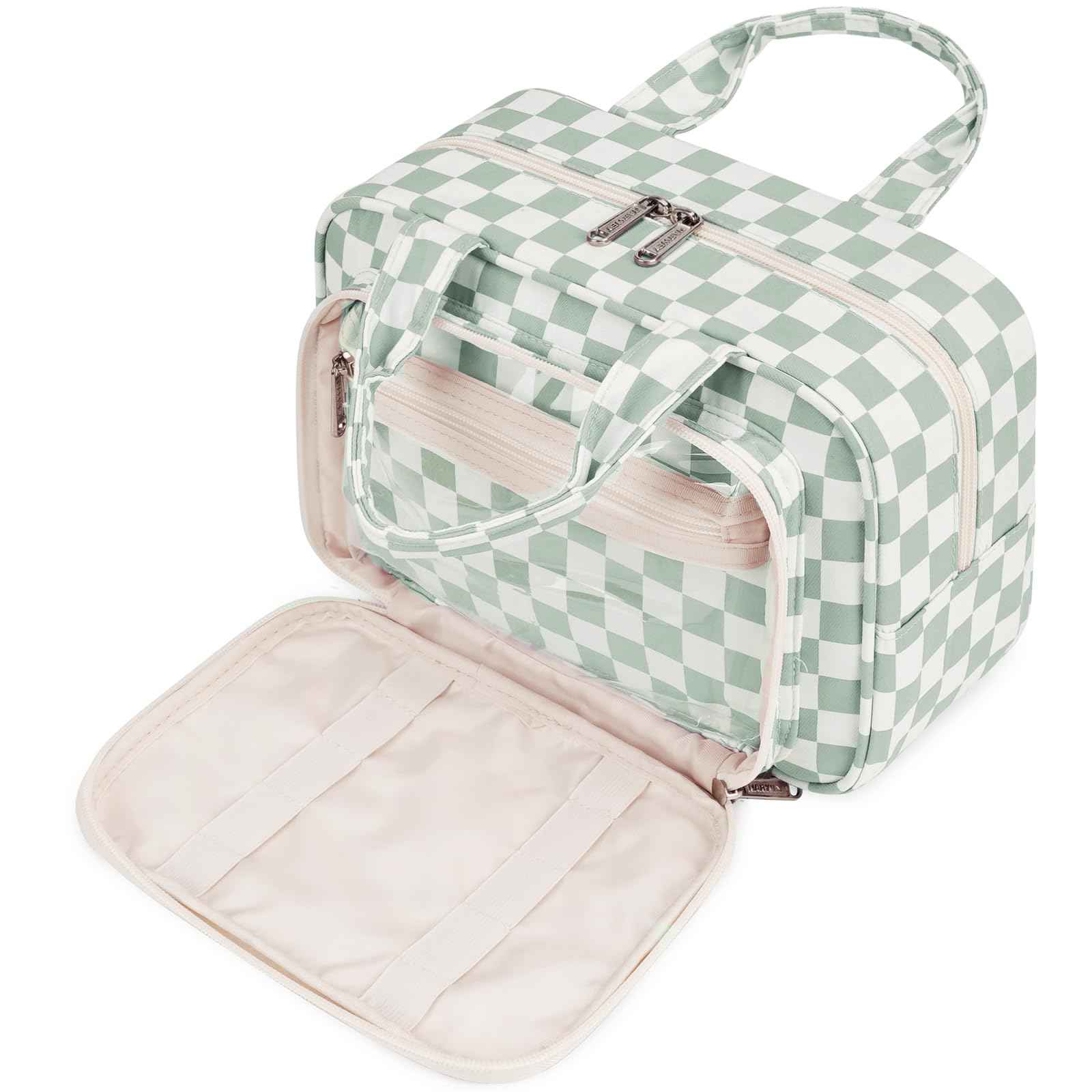 Narwey Large Travel Toiletry Bag for Traveling Women, Cosmetic Makeup Bag Make Up Organizer, Checkered Travel Bag for Toiletries with Handle (Mint Green Checkerboard)