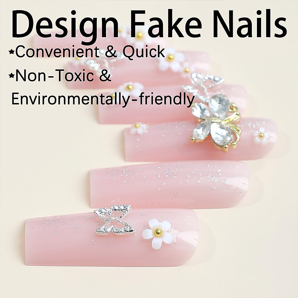 Long Press on Nails Pink Glitter Long Fake Nails Coffin Press on Nails Square False Nails with Flower Butterfly Charm Design Acrylic Nails Press on Artificial Nails Stick on Nails For Women 24Pcs