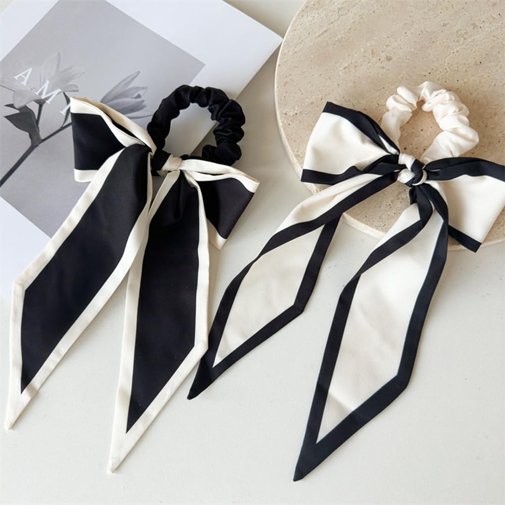 2Pcs Black Beige Chiffon Bow Hair Scrunchies and Short Ribbon Ponytail Holders for Women Girls (black/brown)