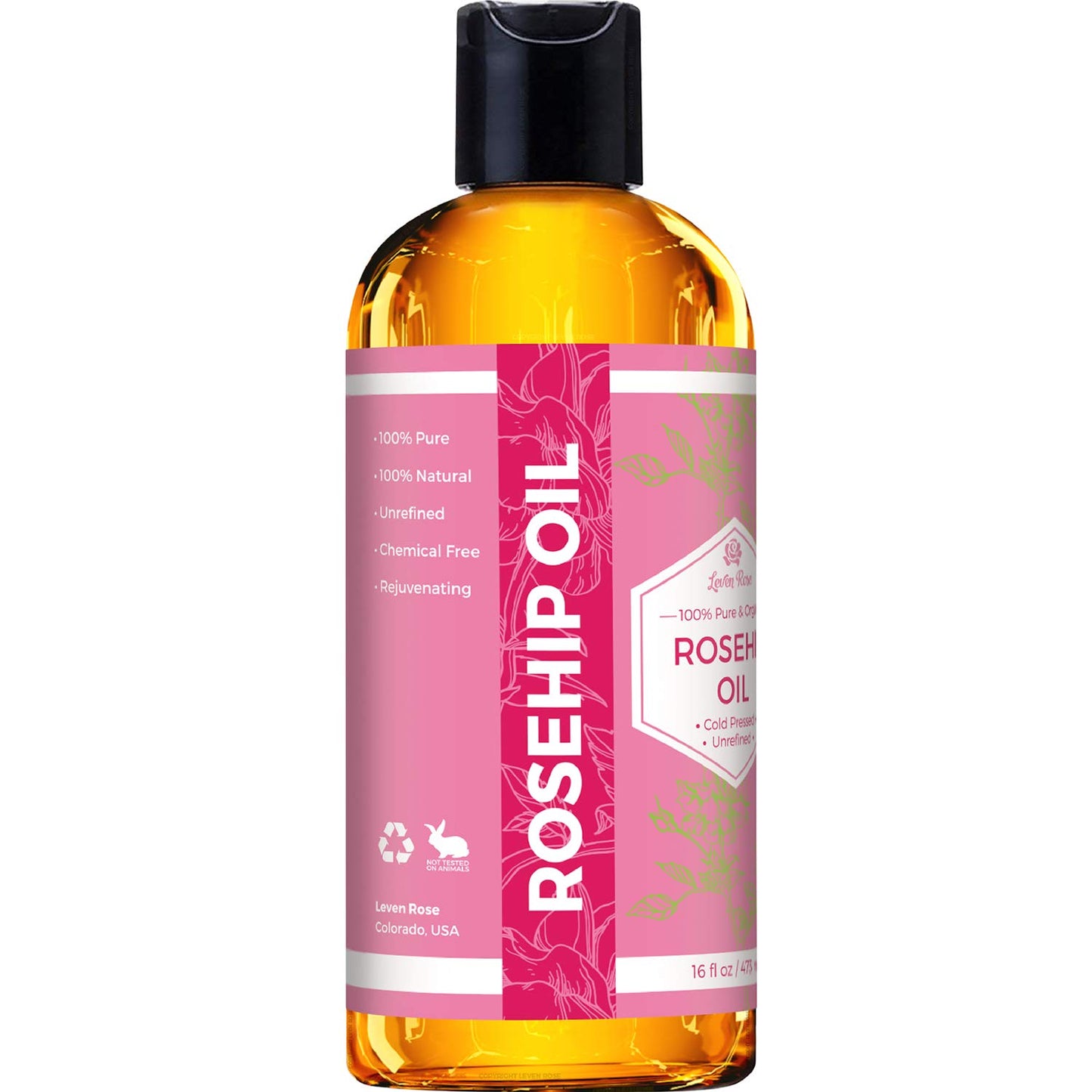 Leven Rose Rosehip Seed Oil for Face 16 oz - Pure Rosehip Oil for Face - Unrefined Cold Pressed Rosehip Oil for Body - Nighttime Face Moisturizer for Hair, Skin & Nails