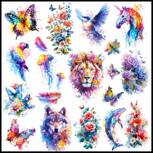 3D Watercolor Temporary Tattoos - 9 Sheets Realistic Flower & Animal Designs