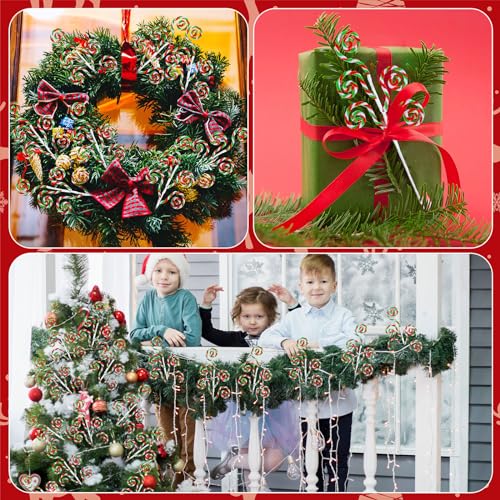 Gerrii 16 Inch Red White Green Christmas Tree Picks Decoration Candy Cane Woolen Bells Curly Pick Lollipop Large for Xmas Tree Topper Decor Vase Filler Craft Wreath Holiday Party Ornament (12 Pcs)