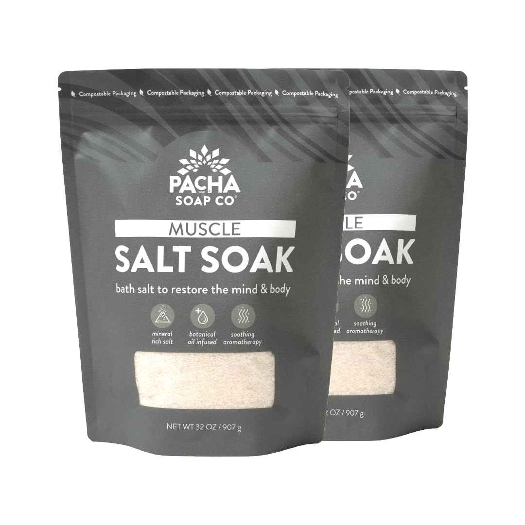 Pacha Soap Co. Muscle Salt Bath Soak - Epsom Salt with Arnica, Calendula, and Peppermint, Handcrafted Bath Salts Made in The USA for Muscle Relief, Recovery & Relaxation, 2-Pack (64 oz. Total)