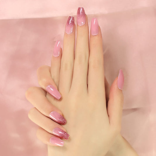 Press On Nail Tips Pink Color Soild Color Glitter Top Medium Coffin Fingernails Reusable Manicure Salons At Home Full Cover Acrylic Nails For Daily Wear Office Lovely Cute Cool Style Nails With Tabs