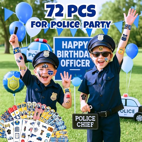 Police Party Favors Set – 48 Tattoos & 24 Slap Bracelets