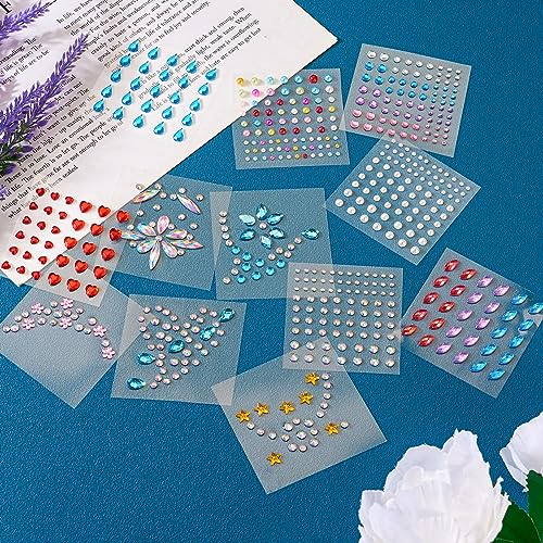 Craftdady 12 Sheets Resin Rhinestone Stickers Heart Teardrop Flower Star Stick On Face Gems Stick On Nail Body Resin Beads for Halloween Makeup Nail Art Wedding Scrapbook