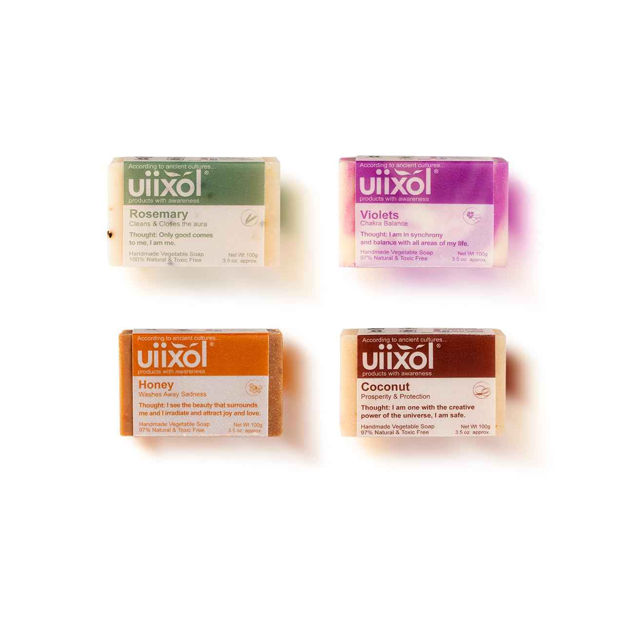 Handmade Soap Bars Set of 4, Coconut, Honey, Rosemary, Violets 3.5 oz each