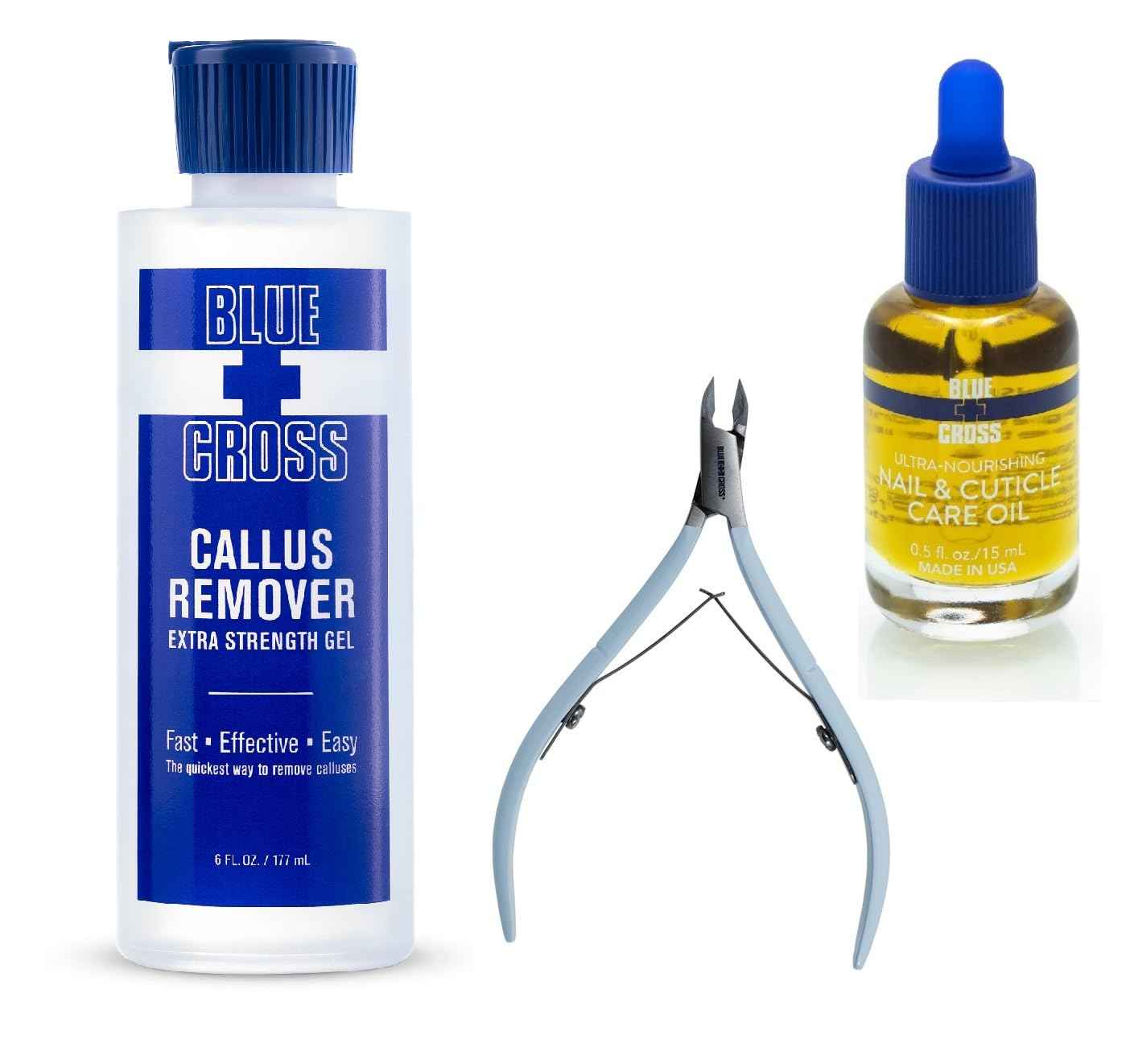 Blue Cross Professional Nail & Cuticle Care, Extra Strength Callus Remover Gel, 6mm Stainless Steel Cuticle Nippers, and All Natural Mineral Oil Free Cuticle Oil, 3 Pack Bundle