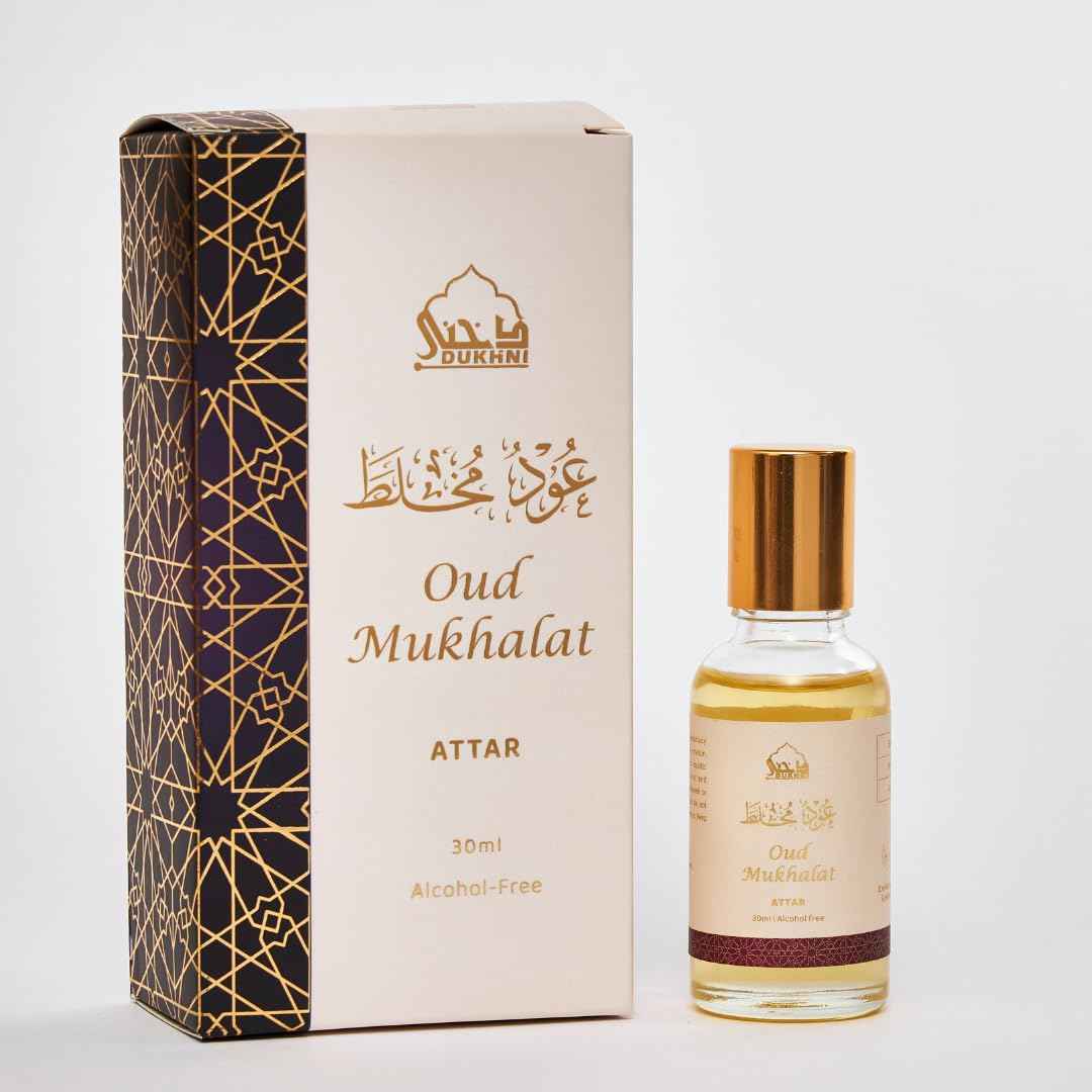 Dukhni Oud Mukhalat Attar Oil Arabic perfume oils for men and women, without alcohol | 30ml Pure roll on perfume, saffron oud oil | Eid, Ramadan, Umrah Haj Gifts, Islamic Fragrances