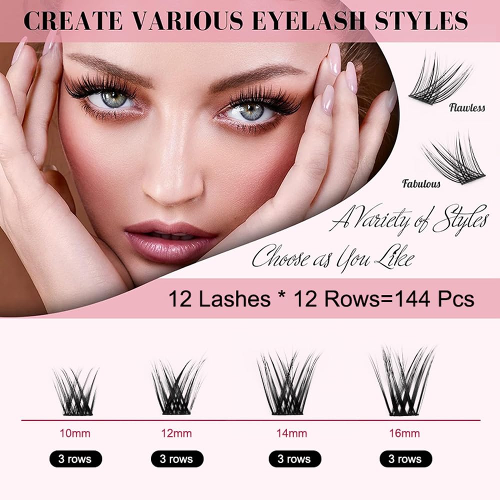 GGUP Eyelash Extensions Kit 144 Pcs, Cluster Lashes for Women Makeup, Lash Clusters With Applicator Lashes Bond and Seal, Glue Remover, DIY Lash Extensions Kit Super Hold Natural False Eyelashes