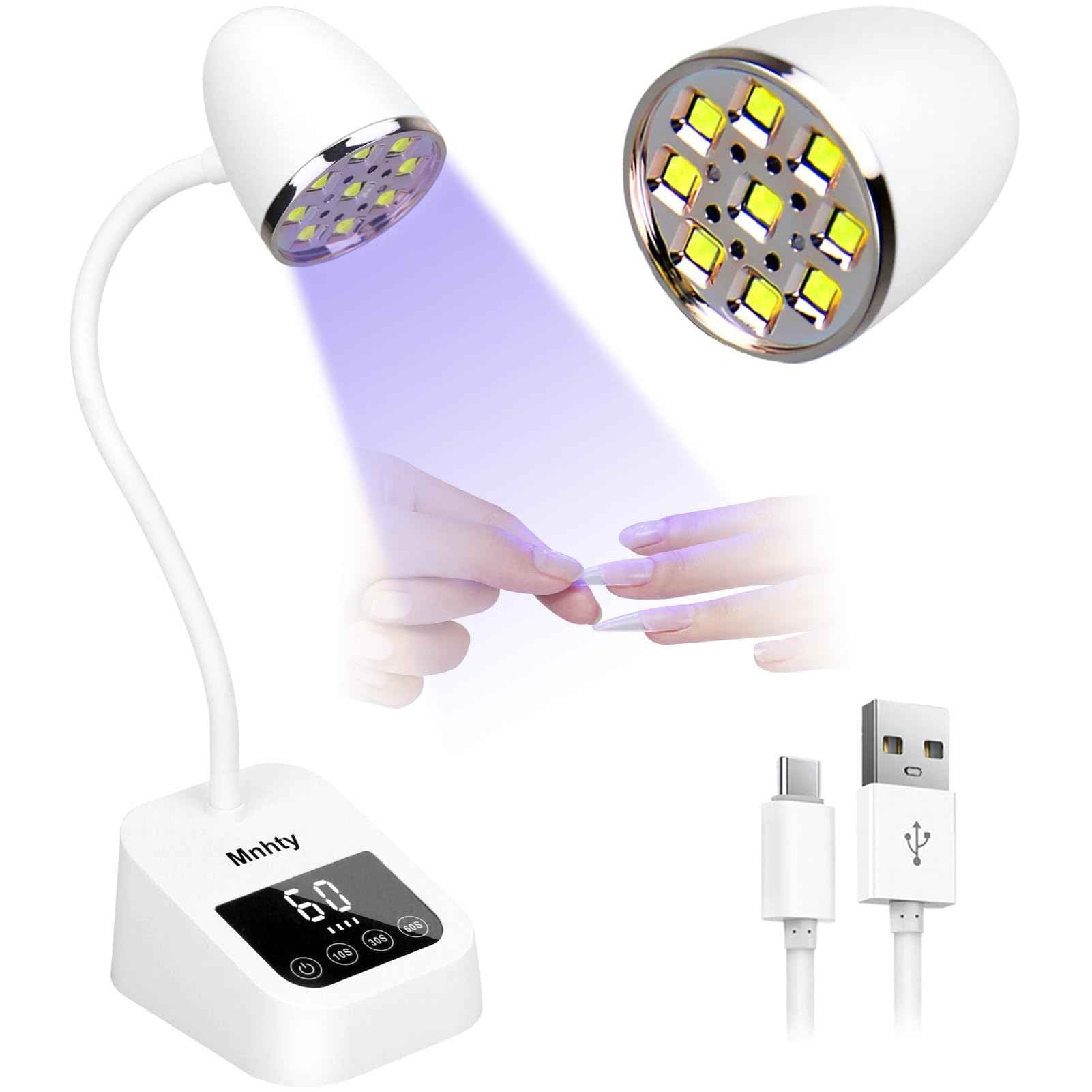 Mnhty U V LED Nail Lamp, Goose Neck Flash Cure Lamp 27W Rechargeable Mini U V Light for Gel Nails, Cordless Flash Cure Light with 3 Timers&Sensor, Fast Curing Gooseneck Lamps for Gel X, Snow White
