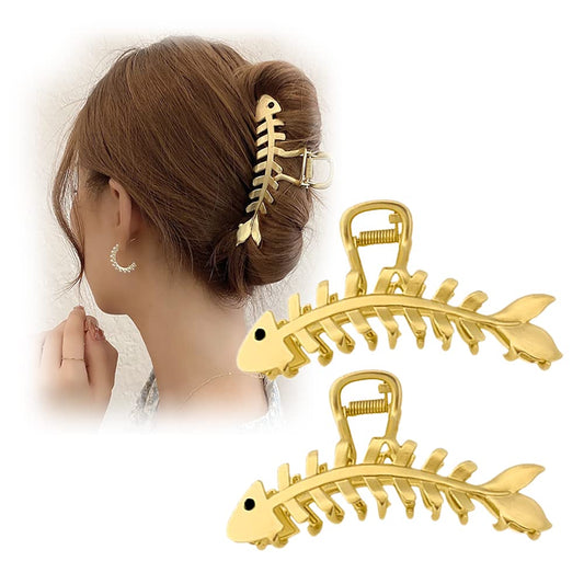 BeeGift 2PCS Large Metal Hair Claw Clips, Fish Bone Shape, Non-slip Hollow Hair Jaw Clamp Clips, Gold Hair Accessories for Women Lady Girls