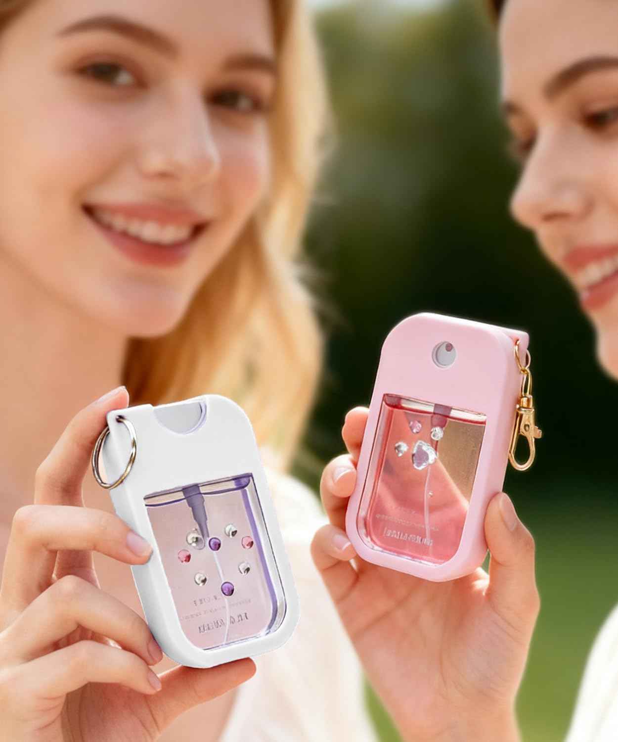 Adabuli 2 Sets Silicone Case Compatible with Touchland Hand Sanitizer Spray 1 FL. OZ./30 mL, Stylish Hand Sanitizer Mist Accessory with Portable Keychain (Pink, White)