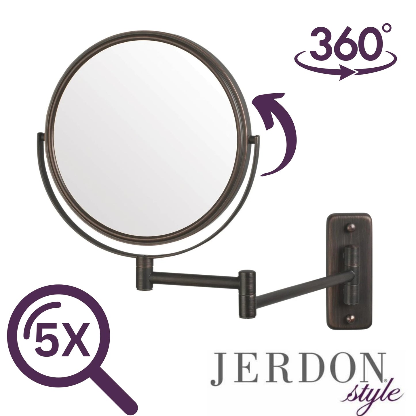 JERDON Two-Sided Wall-Mounted Makeup Mirror - Makeup Mirror with 5X Magnification & Wall-Mount Arm - 8-Inch Diameter Mirror with Bronze Finish Wall Mount - Model JP7506BZ