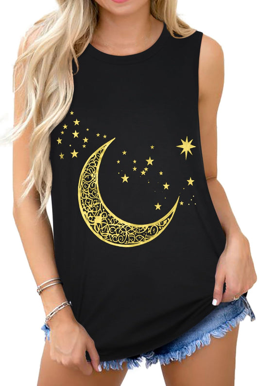 Womens Tank Tops Casual Summer Sleeveless Loose Tunic Blouses (Black Moon Stars, S)