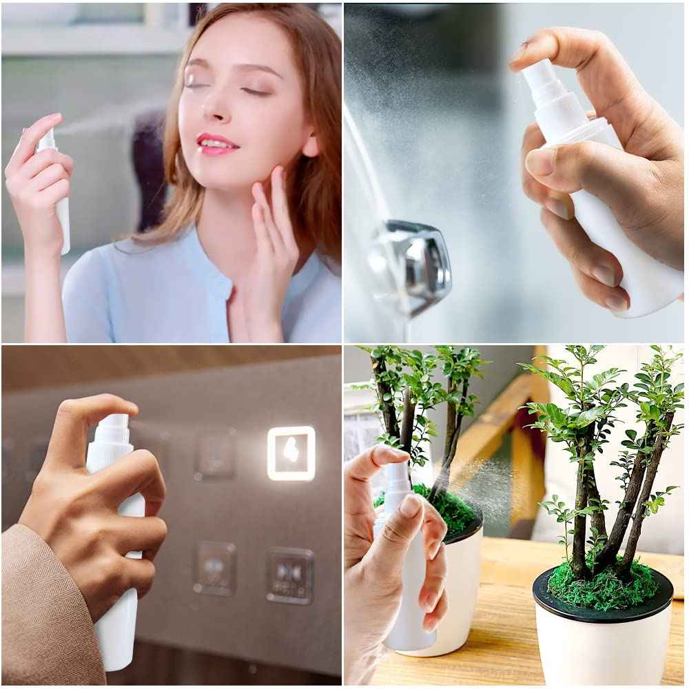 ILILIC Choice 5 Pack Plastic Spray Bottles Travel Spray Bottle Reusable Empty Plastic Spray Bottle Double Cap Protection Perfume Essential Oil Travel Cleaner Botanical Cosmetic Bottle. (100ML-White)