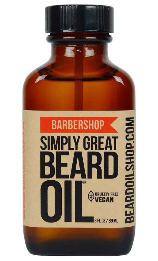Simply Great Beard Oil - BARBERSHOP Scented - Holiday Gifts - Stocking Stuffers - Beard Conditioner - 3 Oz - Easy Applicator - Natural - Vegan and Cruelty Free Care for Beards - Gifts for Men