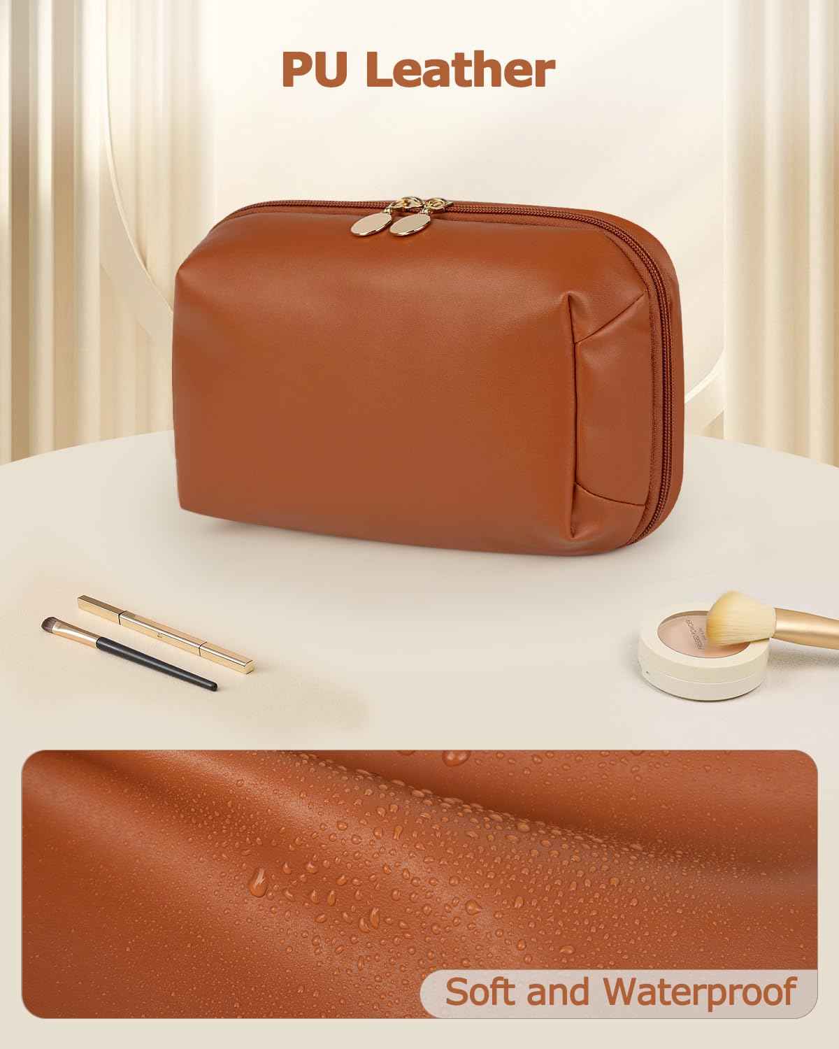 Soimeat Travel Makeup Bag Gift for Women, Soft PU Leather Cosmetic Bags, Waterproof Toiletry Bag, Portable Wide Open Pouch, Travel Cosmetic Bag with Divider and Handle, Medium, Brown