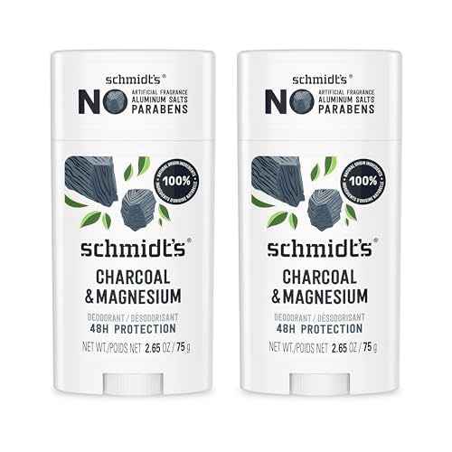 Schmidt's Aluminum-Free Vegan Deodorant Charcoal & Magnesium with 48 Hour Odor Protection, 2 Count for Women and Men, Natural Ingredients, Cruelty-Free, 2.65 oz, Pack of 2