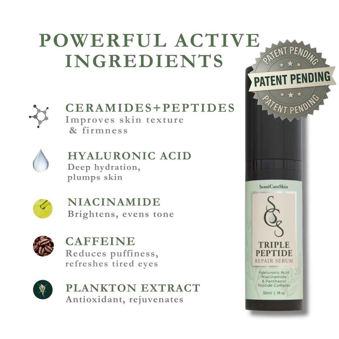 SensiCareSkin Next-Gen Bioactive Peptide + Marine Repair Serum – Hydrating & Firming Face + Eye Moisturizer with Caffeine, Ceramides & Hyaluronic Acid | Anti-Aging & Sensitive-Skin Safe, 1 oz