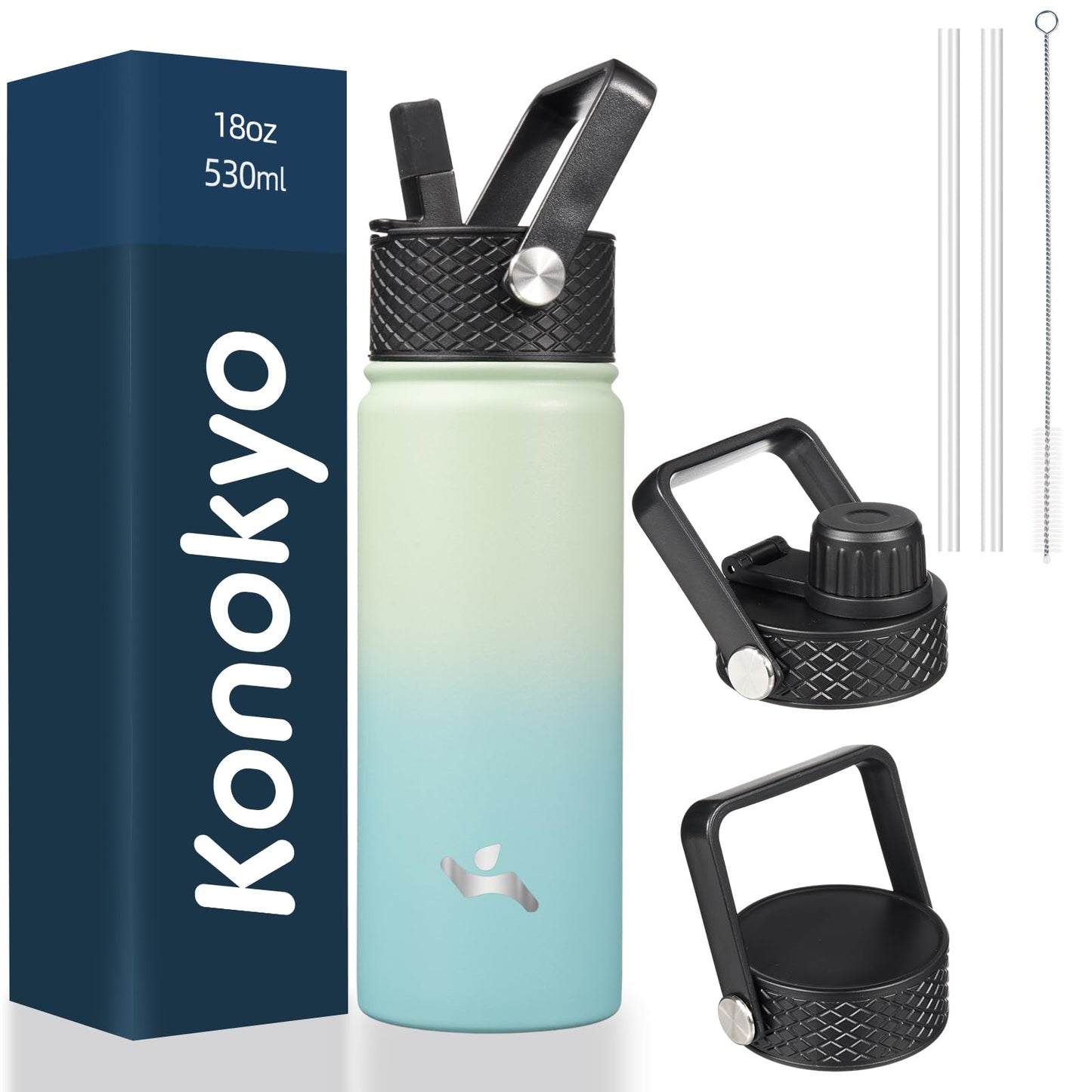 Konokyo Insulated Water Bottle with Straw,18 oz 3 Lids Metal Bottles Stainless Steel Water Flask,Mint