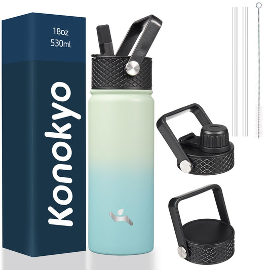 Konokyo Insulated Water Bottle with Straw,18 oz 3 Lids Metal Bottles Stainless Steel Water Flask,Mint