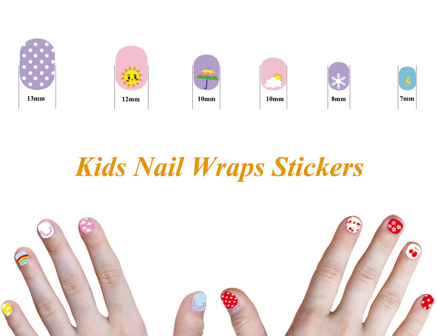 Kids Nail Stickers Full Nail Wraps Self Adhesive Nail Polish Strips for Kids Girls Nail Art Decoration Fun Including Fruits Rainbows Stars Hearts Clouds Recommend for Age 8 and Older (Pack of 10)