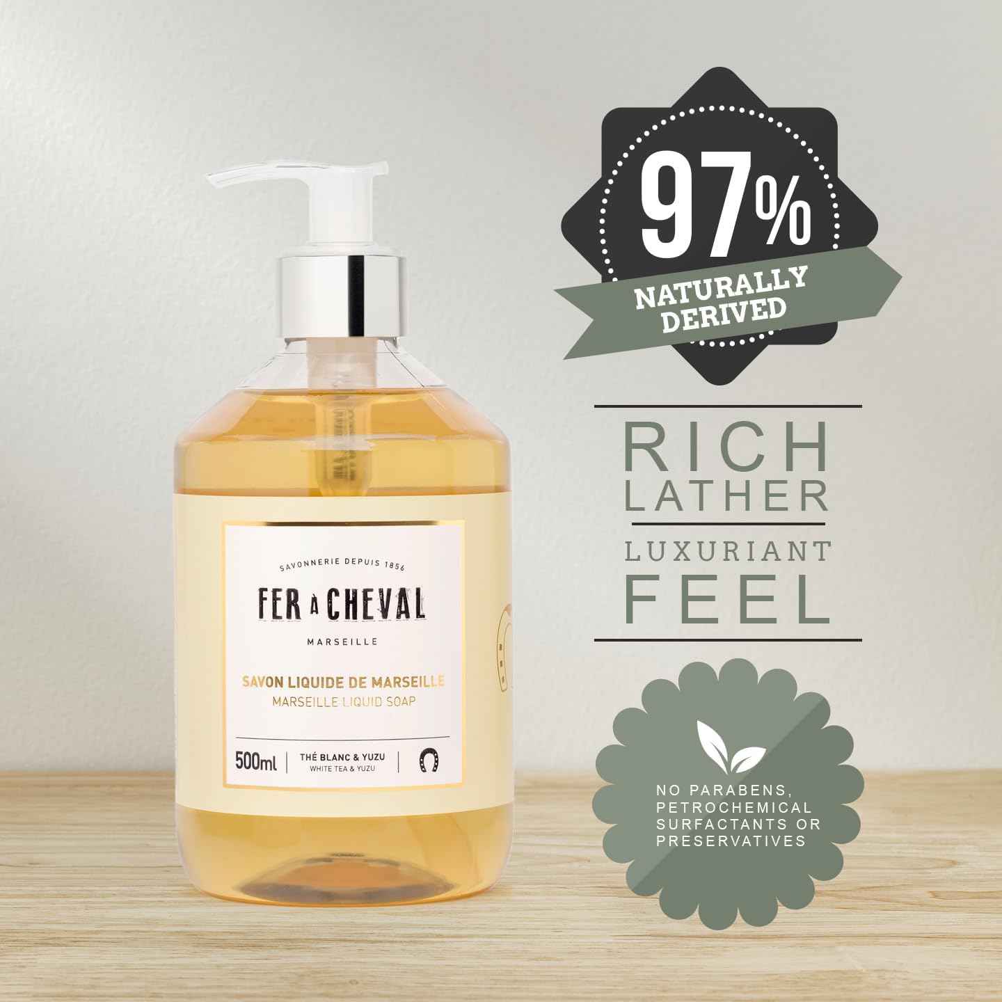 Fer à Cheval White Tea & Yuzu Marseille Liquid Soap | Shea Butter & Sweet Almond Oil, Luxurious Hydration, 97% Natural Ingredients - Set of 2, 16.9 f oz