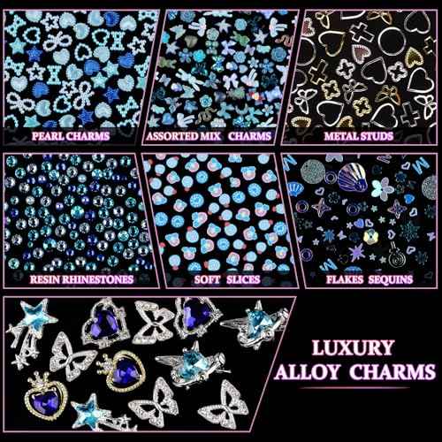 650pcs Mixed 3D Nail Charms Kit, 12pcs Luxury Metal Nail Rhinestones and 250pcs Resin Butterfly Flower Star Heart Bow Charms with 400pcs Flatback Pearls Rhinestone Metal Gems Charm (Blue)