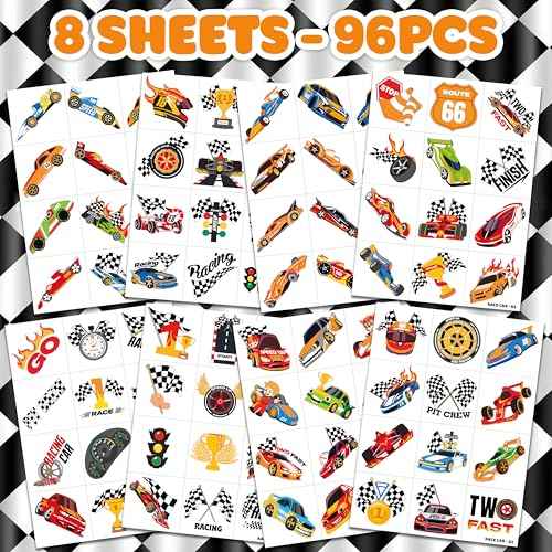 96 PCS Racing Car Pre-Cut Temporary Tattoos for Kids | Super Cute Racing Car Themed Birthday Party Favors, Supplies, Decorations, Fake Tattoo Stickers (Multiple)