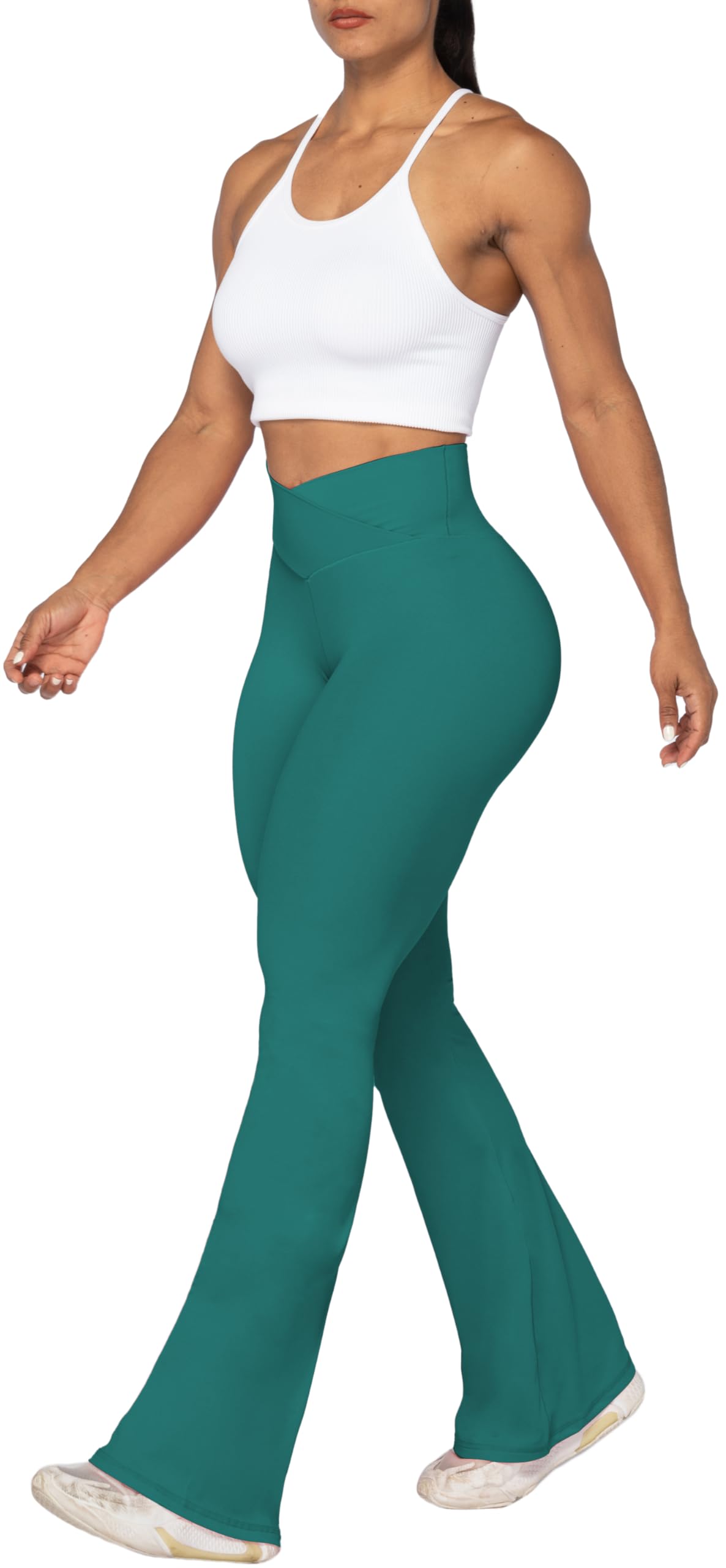 Sunzel Flare Leggings, Crossover Yoga Pants with Tummy Control, High-Waisted and Wide Leg, 30" Inseam, Jasper Green, X-Small