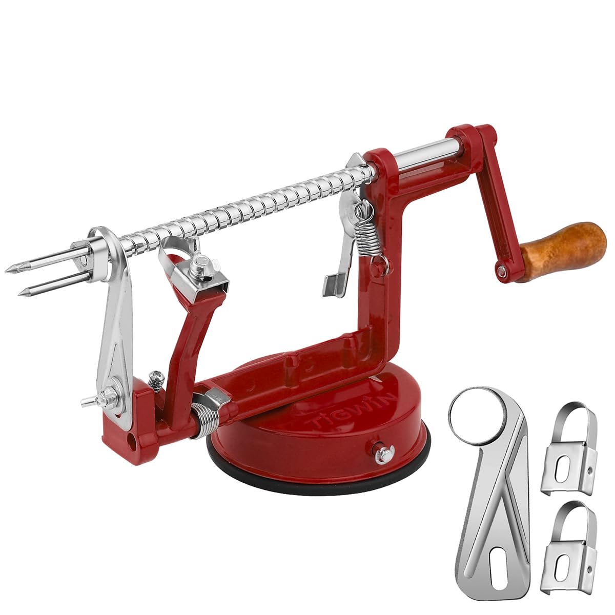 TIGWIN Apple Peeler Corer, Long lasting Chrome Cast Magnesium Alloy Apple Peeler Slicer Corer with Stainless Steel Blades and Powerful Suction Base for Apples and Potato(Deep Red)