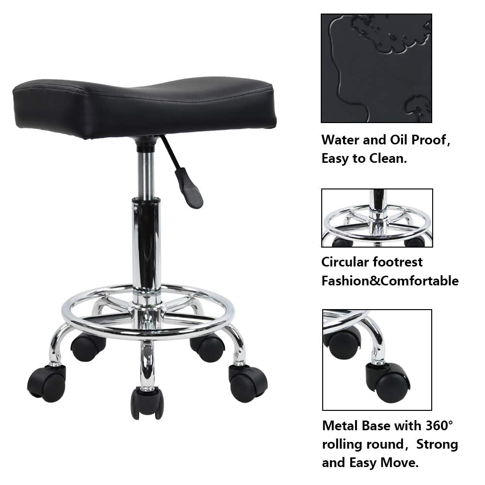 KKTONER Square Rolling Stool PU Leather Height Adjustable Swivel Massage SPA Salon Stools Task Chair with footrest (Black)