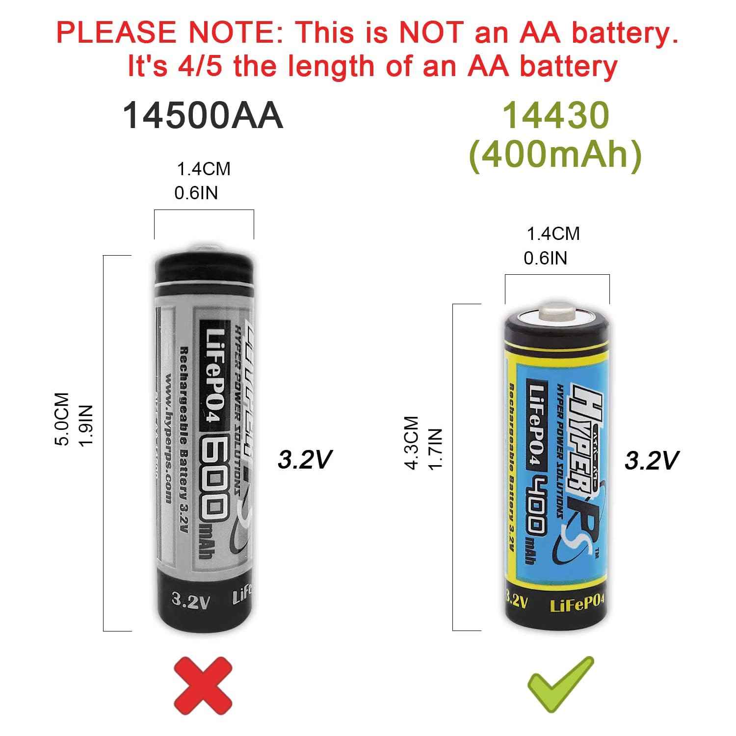 HyperPS 12 Pack 3.2V LiFePo4 14430 (14 x 43mm) 400mAh Rechargeable Battery for Solar Panel Light, Tooth Brush, Shaver, Flashlight