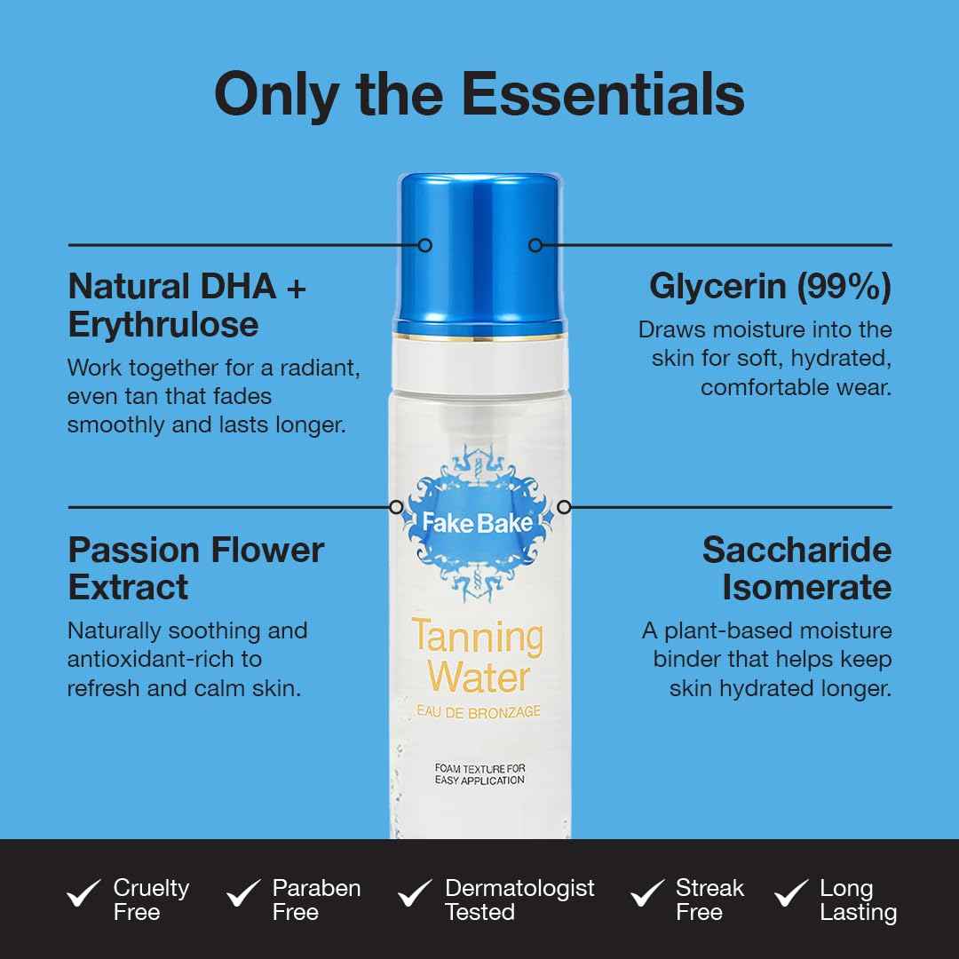 Fake Bake Foam Tanning Water Self Tanner Instant Glow with Hydrating Passion Flower Rejuvenation - Natural Looking Sunless Bronzing for Women & Men - 6.7 oz
