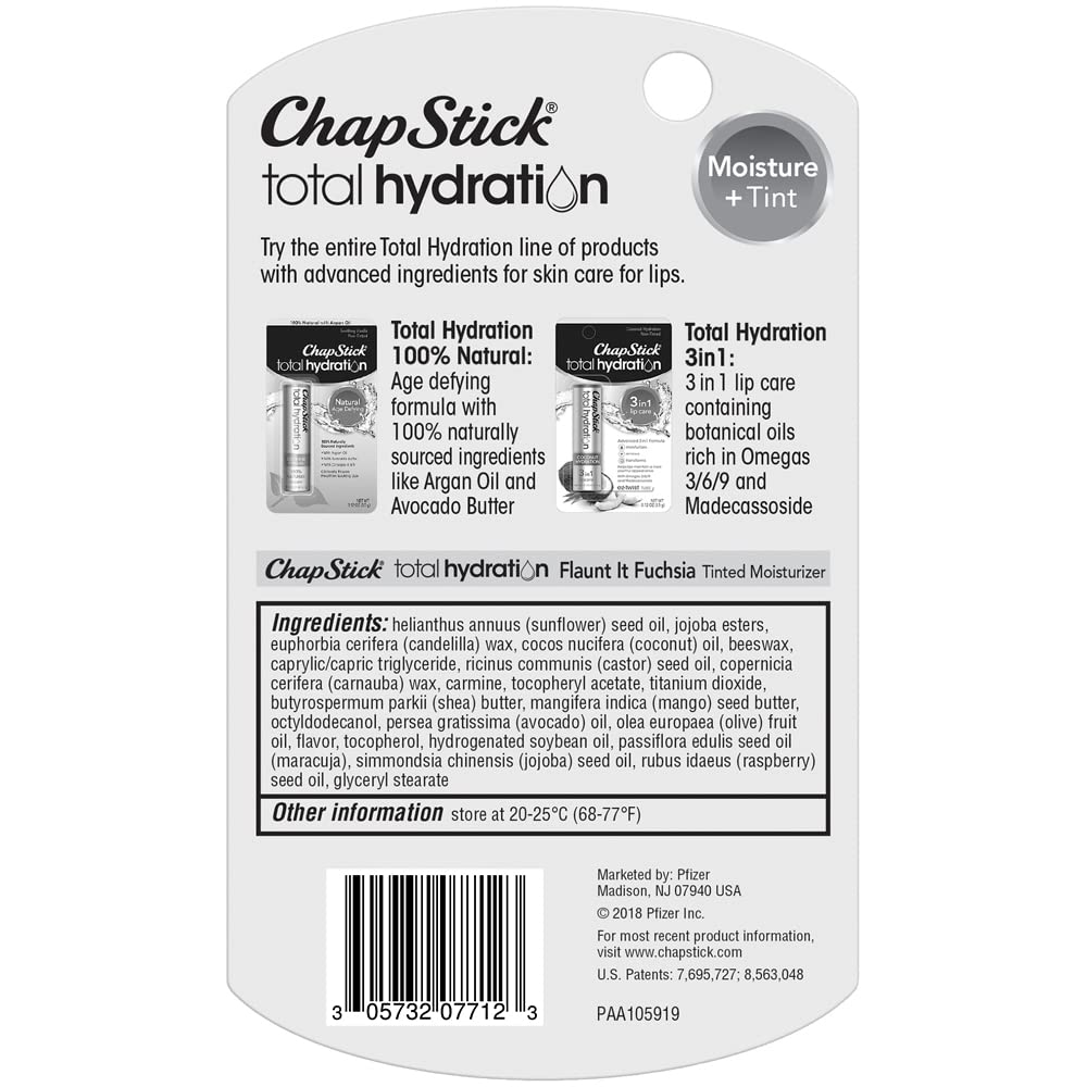 ChapStick Total Hydration Moisture + Tint Flaunt It Fuchsia Tinted Lip Balm Tube, Tinted Moisturizer - 0.12 Oz