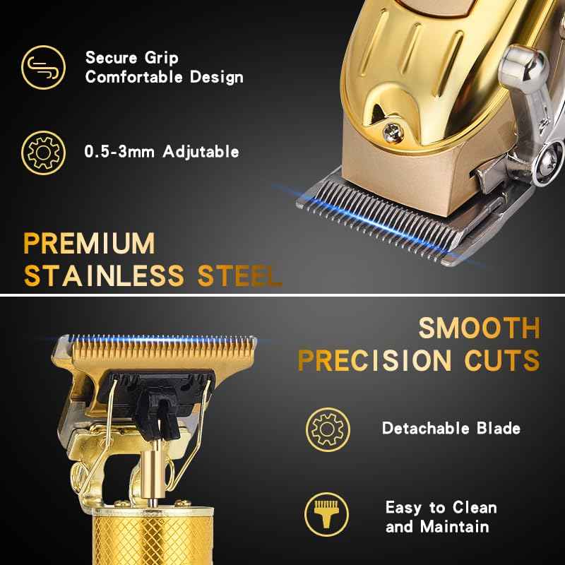 LQT Professional Hair Clipper Set, Gold, LED Display, with Trimmer, 8 Guide Combs, Barber Shaver Set, with Travel Case and Haircut Cape (Gold)